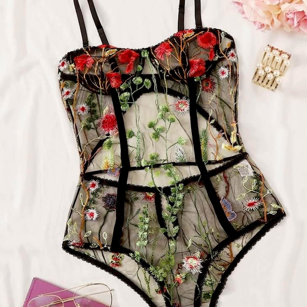 Floral embroidered sheer teddy body suit